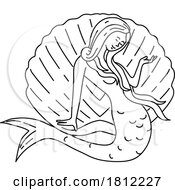 Poster, Art Print Of Mermaid With Flowing Hair Sitting On Clam Shell Mono Line Art