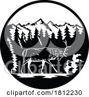 Bull Elk Or Wapiti In Rocky Mountain National Park Colorado Circle Retro