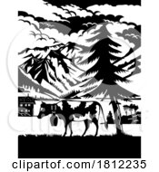 Poster, Art Print Of Cow In Elm Sernftal With Glarus Peaks Switzerland Swiss Scherenschnitte Paper Cut Style
