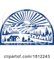 05/31/2024 - Alpine Village Or Hamlet With Mountain Range And Sunburst Retro Style