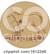 Poster, Art Print Of Female Farrier Placing Horseshoe On Horse Hoof Horseshoe Side View In Circle Drawing