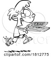 Boy Running With Pizza Black And White Cartoon