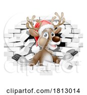 Christmas Reindeer In Santa Hat Breaking Wall