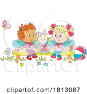 Girls With A Doll On A Bench Licensed Clipart Cartoon