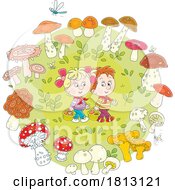 Children Mushroom Gathering Licensed Clipart Cartoon