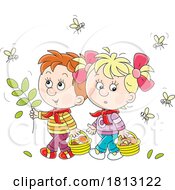Bees Around Children Mushroom Gathering Licensed Clipart Cartoon
