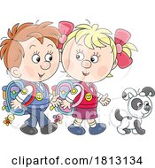 Puppy And Kids Walking To School Licensed Clipart Cartoon