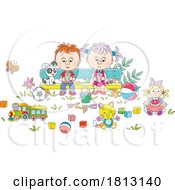 Poster, Art Print Of Children Using Cell Phones On A Bench Licensed Clipart Cartoon