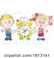 School Kids With An Alarm Clock Mascot Licensed Clipart Cartoon