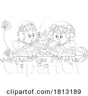 Girls With A Doll On A Bench Licensed Clipart Cartoon