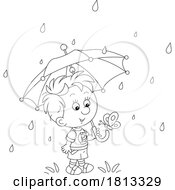 Boy With A Butterfly On His Umbrella In The Rain Licensed Cartoon Clipart