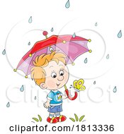 Boy With A Butterfly On His Umbrella In The Rain Licensed Cartoon Clipart