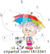 Puppy And Girl With Umbrella In The Rain Licensed Cartoon Clipart