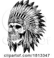 Poster, Art Print Of Indiginous Chief Skull With Feather Headdress Black And White Clipart