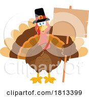 Pilgrim Turkey Bird Mascot With Wood Sign Licensed Cartoon Clipart