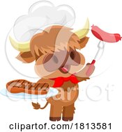 Highland Cow Mascot Chef With Sausage And Steak Licensed Cartoon Clipart