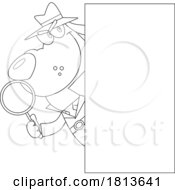 Detective Dog With Magnifying Glass Around Sign Licensed Black And White Cartoon Clipart