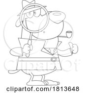 Detective Dog With Magnifying Glass Licensed Black And White Cartoon Clipart