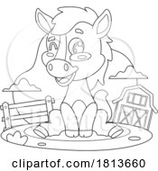 Sitting Horse Barnyard Animal Licensed Black And White Cartoon Clipart