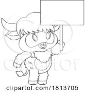 Poster, Art Print Of Highland Cow Mascot With A Sign Licensed Black And White Cartoon Clipart