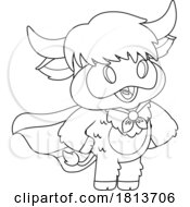 Super Hero Highland Cow Mascot Licensed Black And White Cartoon Clipart