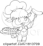 Poster, Art Print Of Highland Cow Mascot Chef With Sausage And Steak Licensed Black And White Cartoon Clipart