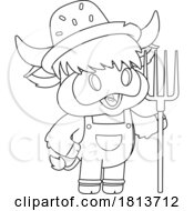 Highland Cow Mascot Farmer Licensed Black And White Cartoon Clipart