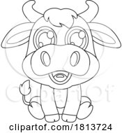 Bull Sitting Barnyard Animal Licensed Black And White Cartoon Clipart