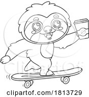 Poster, Art Print Of Sloth Skateboarding With Coffee Licensed Black And White Cartoon Clipart