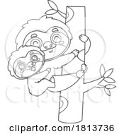 Sloth And Baby In A Tree Licensed Black And White Cartoon Clipart