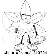 Pot Leaf Mascot Smoking And Flipping The Middle Finger Licensed Black And White Cartoon Clipart