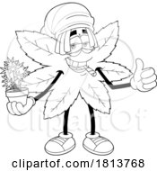 Poster, Art Print Of Pot Leaf Mascot Smoking And Holding A Plant Licensed Black And White Cartoon Clipart