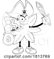 Poster, Art Print Of Pot Leaf Pirate Mascot With A Money Bag Licensed Black And White Cartoon Clipart