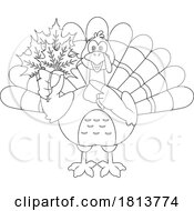 Turkey Bird Mascot With Leaves Licensed Black And White Cartoon Clipart