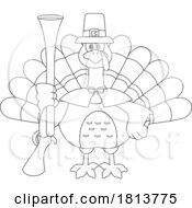 Pilgrim Turkey Bird Mascot With Blunderbus Licensed Black And White Cartoon Clipart