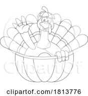 Turkey Bird Mascot In A Pumpkin Licensed Black And White Cartoon Clipart