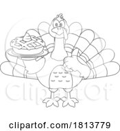 Turkey Bird Mascot With Pie Licensed Black And White Cartoon Clipart
