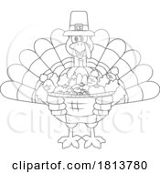 Pilgrim Turkey Bird Mascot With Produce Licensed Black And White Cartoon Clipart