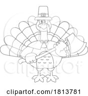 Pilgrim Turkey Bird Mascot Holding Axe Licensed Black And White Cartoon Clipart