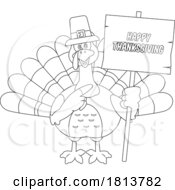 Pilgrim Turkey Bird Mascot With Happy Thanksgiving Sign Licensed Black And White Cartoon Clipart