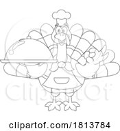 Chef Turkey Bird Mascot With Cloche Licensed Black And White Cartoon Clipart