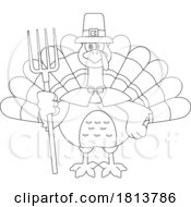 Pilgrim Turkey Bird Mascot With Pitchfork Licensed Black And White Cartoon Clipart