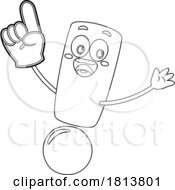 Exclamation Point Mascot Fan Wearing A Foam Finger Licensed Black And White Cartoon Clipart