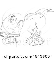 Caveman Cooking Meat Over A Fire Licensed Black And White Cartoon Clipart