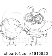 Poster, Art Print Of School Bee Mascot And Globe Licensed Black And White Cartoon Clipart