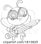 Poster, Art Print Of School Bee Mascot Flying With A Pencil Licensed Black And White Cartoon Clipart