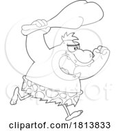 Poster, Art Print Of Caveman Chasing With A Club Licensed Black And White Cartoon Clipart