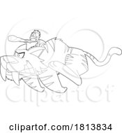 Poster, Art Print Of Caveman Boy Riding A Saber Tooth Tiger Licensed Black And White Cartoon Clipart