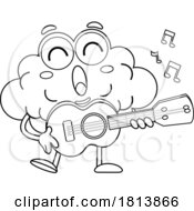 Brain Mascot Playing a Guitar and Singing Licensed Black and White Cartoon Clipart by Hit Toon #COLLC1813866-0037