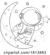 Astronaut Reaching For The Stars On The Moon Licensed Black And White Cartoon Clipart